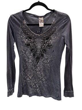 Vintage-Inspired Embellished Scoop Neck Long Sleeve Top - Charcoal